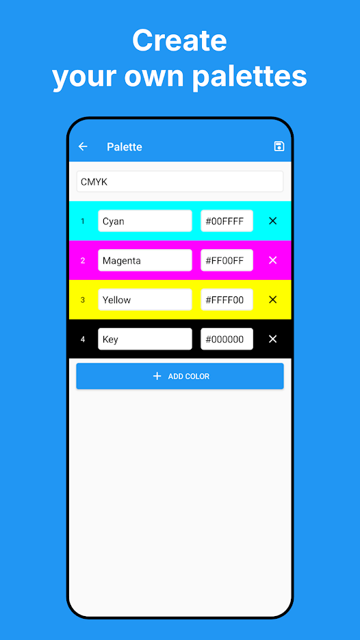 自定义色卡编辑页：名为 CMYK 的色卡含 Cyan/Magenta/Yellow/Key 四色，可改名加色