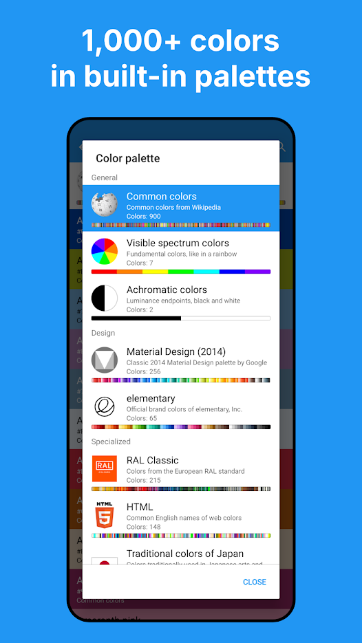 色卡库面板：Common colors 900 色、RAL Classic 215 色、Material Design 256 色等分组列表